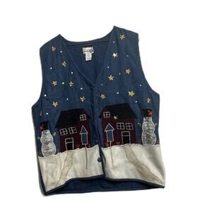 Paul Harris Design Denim Winter Vest Snowmen Snow Sequins XL